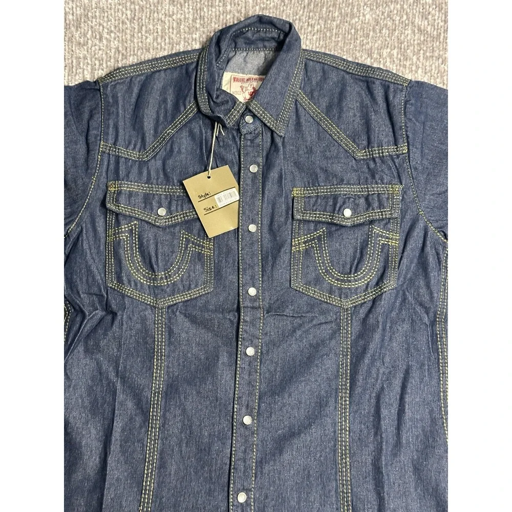 True Religion Shirt Mens M Blue Western Denim Pearl Snap 3 Needle .Made in USA